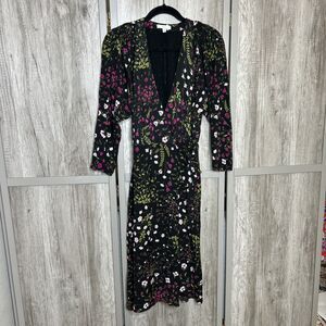 Joie Wrap Dress Size XS Midi Floral Long Sleeves Gathered  Black Pink